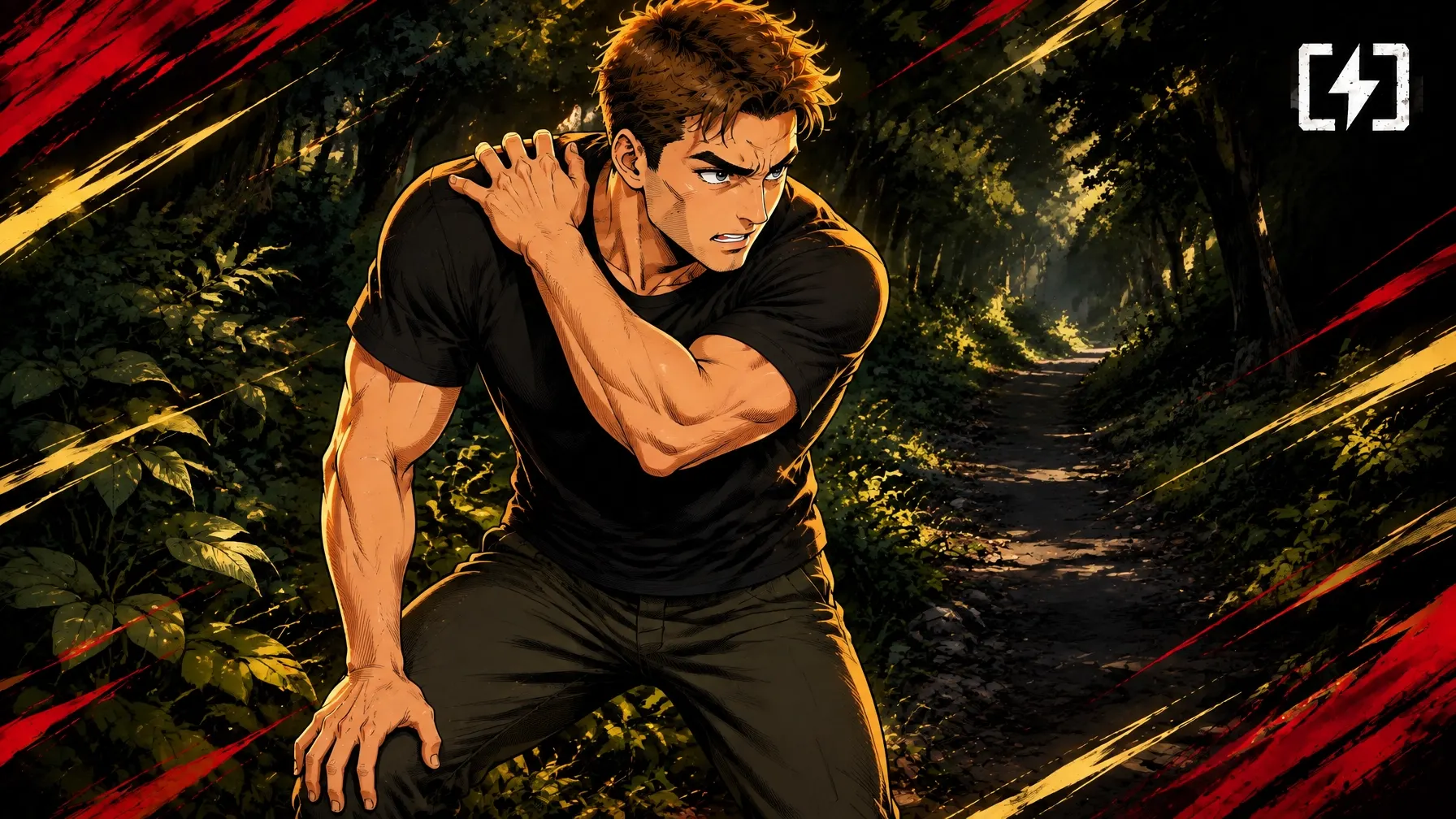 Client pauses on a wooded path while holding his shoulder during recovery
