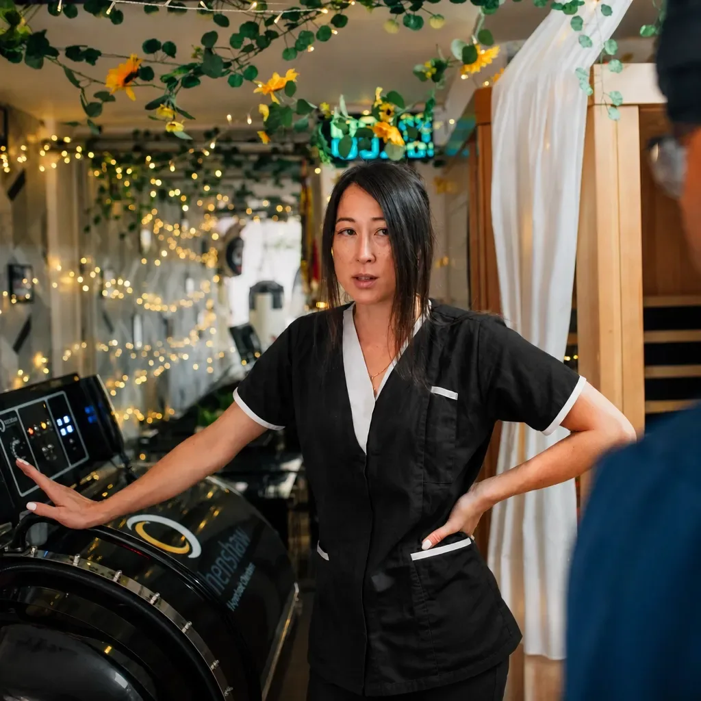 Zoe Wong stands beside the hyperbaric chamber in the Hope House treatment room